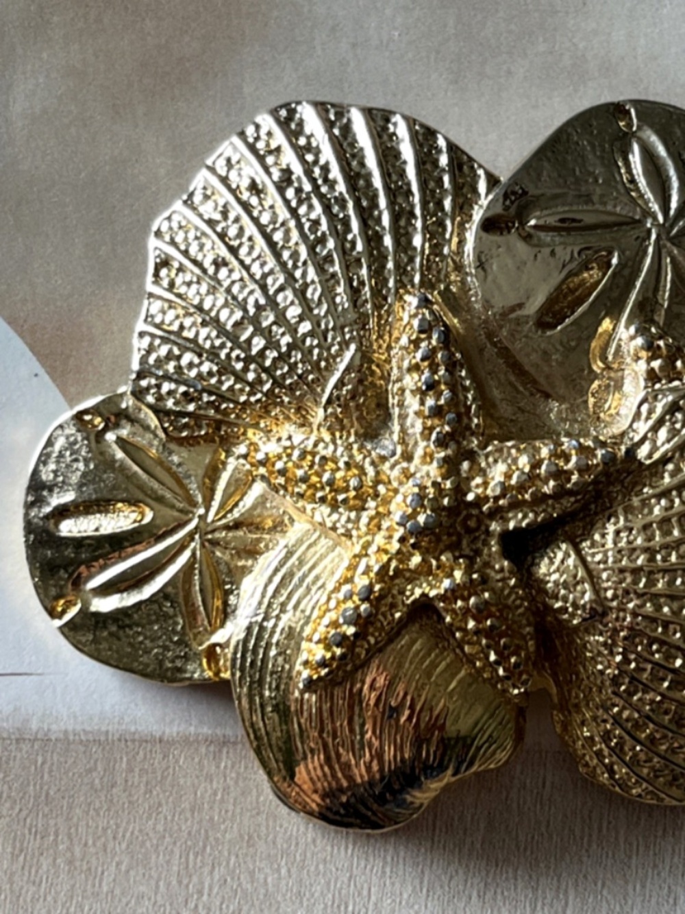 Vintage 90's Gold Tone Sea Shell Starfish Sand Dollar Belt Buckle Nautical Sea